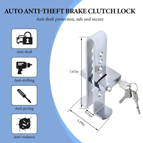 Diagram of Eight Hole Brake Pedal Lock Tough As Nails Stainless Steel Auto Clutch Vehicle Security Lock with dimensions and features