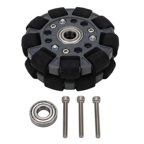 Omni Directional Robot Wheel 100mm With Center Bearing for Robot Cars and DIY Projects 360 Degree Rotation, shown with bolts and bearing