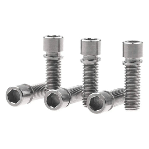 BMX Titanium Bolt M8x25mm With Washer For Stem Grade 5 6AL4V Titanium Alloy shown in a pack of six, ideal for BMX bike stems and handlebars.