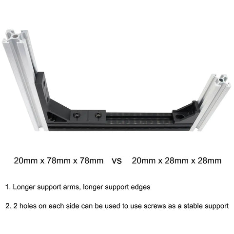 20mm x 78mm x 78mm black aluminum T slot corner bracket comparison with 20mm x 28mm x 28mm for 20x20 profiles