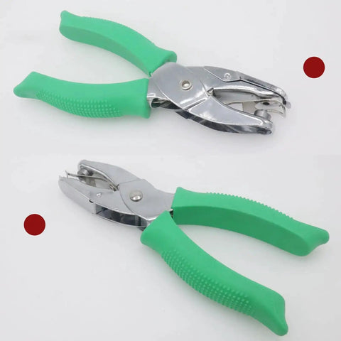 Handheld Round Hole Punch 3mm Circle Punch for craft paper and office use, metal punch with green grips and hinged chip tray.