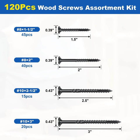 Deck Screws Kit With 120 Piece Wood Screws Assortment In Four Sizes From One And A Half Inches To Three Inches, Rust Resistant Torx Star Bit Flat Head Black Finish For Woodworking Projects On The Go displayed with size details