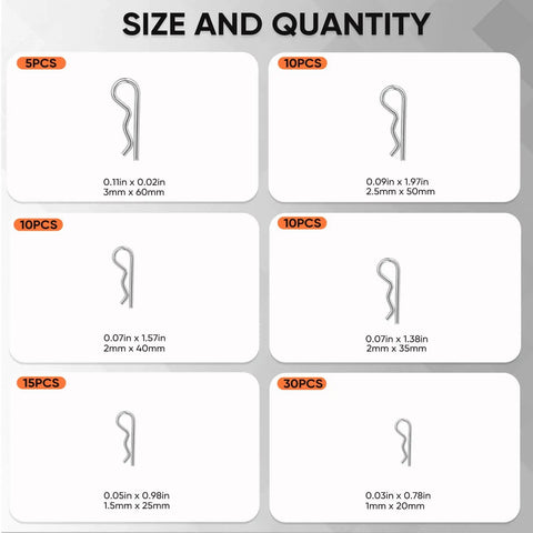 Image showing sizes and quantities of the 80Pcs Hitch Pin And Cotter Pin Kit With Six Sizes In 304 Stainless Steel Hairpin Fasteners For Trucks Engines And Lawn Care By Selvora, including 2.5x50mm, 3x60mm, 2x40mm pins.