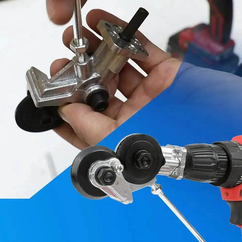 Drill Shears Attachment For Cutting 0.3 To 1.0 mm Metal Sheets, close-up of nibbler tool connected to power drill, showing ergonomic grip