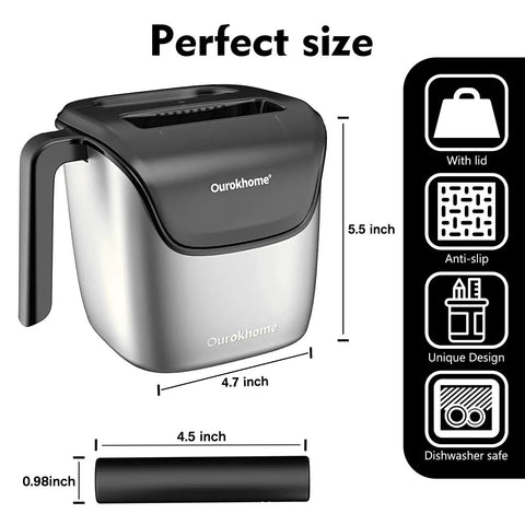 Ourokhome stainless steel knock box with lid and removable knock bar; 5.5 in tall, 4.7 in wide; dishwasher safe.