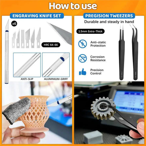 Engraving knife set and precision tweezers from Ultimate 50 Piece 3D Printer Tool Kit Set for All FDM and SLA Printers