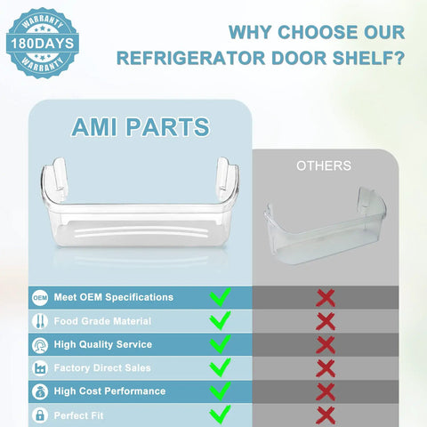 Comparison chart for Refrigerator Door Bin Shelf Replacement 242126602 with features like OEM specs and warranty.