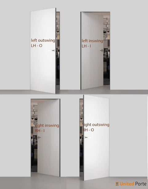 Interior Invisible Hidden Door With Handle Planum 0010 Primed Black Edge Hidden Frame 30 Inch By 84 Inch Right Hand Inswing Frameless Modern Wood Door With Concealed Hinges Magnetic Lock And Pre Drilled Hardware displayed in different swing options.