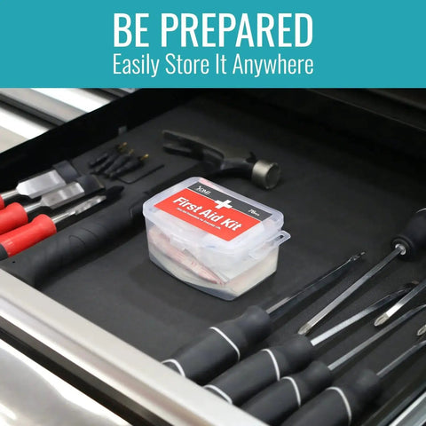 Portable 76 Piece First Aid Kit For Home Car Travel And Office In A Water Resistant Case in drawer with tools