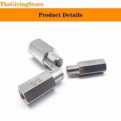 Three 1/4 in NPT stainless steel check valve fittings, female to male threaded ends, 304 stainless.
