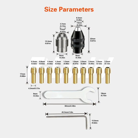 Diagram of Sixteen Piece Drill Chuck Collet Set For Rotary Tools 0.8 To 3.2 Millimeter Range Replacement 4486 Keyless Bit Chuck Shank Kit