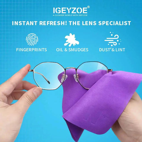 Person cleaning glasses with purple cloth from Eight Pack Microfiber Lens Cleaning Cloths For Glasses Screens Cameras VR AR