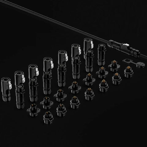 Array of 2 Pin M12 Waterproof Panel Mount Connector DC 12V For AV Systems IP68 Rated Plug And Socket in rugged PBT plastic material