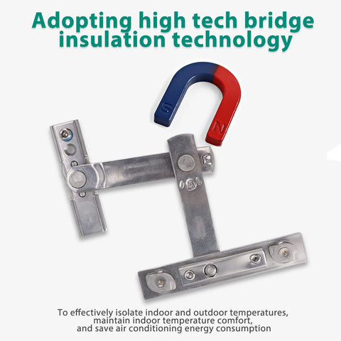 Front view: stainless steel casement window hinge with friction stay and ventilation limiter; red/blue magnet, 23mm slot