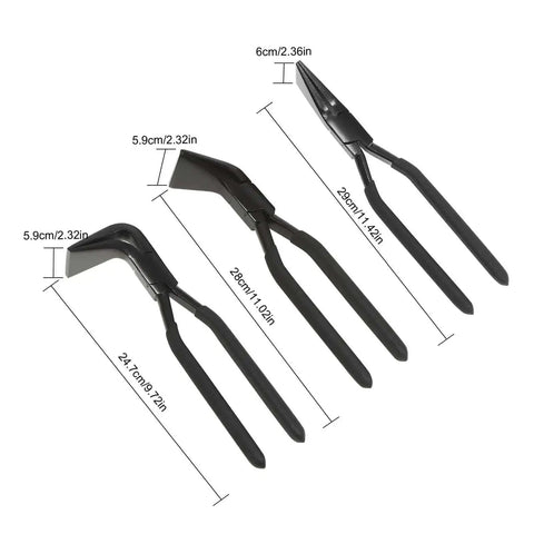 Three Piece Hand Seamer Set For Sheet Metal, Pro Grade Bending Pliers With Ergonomic Handles, shown with dimensional details