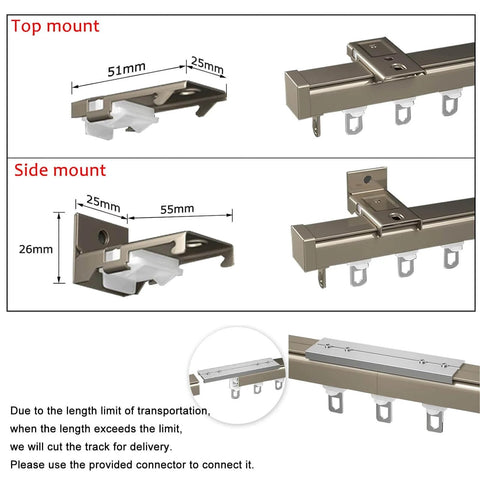 Diagram showing heavy duty ceiling or wall mounted curtain track kit with silent rollers, top and side mount installation options.