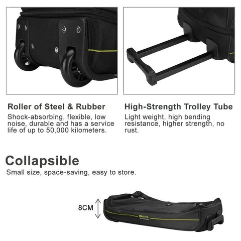 Close-up of wheels and collapsible frame of 22 Inch Rolling Duffel Bag With Wheels For Weekend Travel And Carry On, showing steel rollers and folded bag.