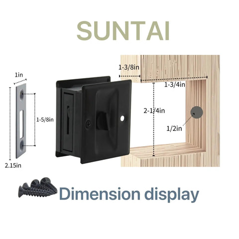 Privacy Sliding Door Lock With Pull In Matte Black Finish, Solid Brass Pocket Door Lock For 1-3/8 Inch Thick Doors, dimension illustration