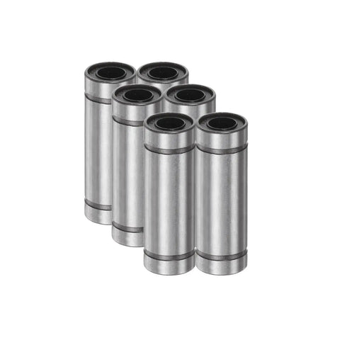 LM10LUU Linear Ball Bearings 6 Piece Set With 10mm Bore Extra Long 55mm Length 19mm OD Double Side Rubber Sealed in silver finish.