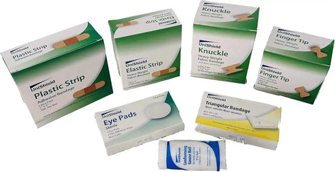 Unishield first aid refill medications without cabinet for emergency preparedness, includes plastic strips, knuckle bandages, eye pads, 1250 pieces.