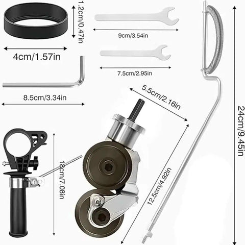 Heavy Duty Pro Grade Sheet Metal Cutter Attachment For Electric Drills With Double Headed Nibbler, tool dimensions and parts