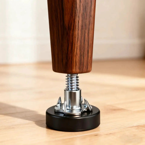 Close-up of Adjustable One Quarter Inch Thread Leveling Feet with T Nuts, installed on wooden furniture leg, showing the one-inch base.