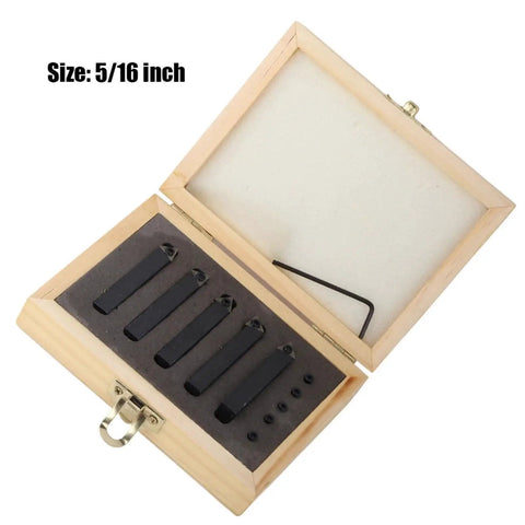 5 Piece Carbide Turning Tool Set With Indexable Inserts For Surface Cutting Boring And Chamfering in hardwood box.