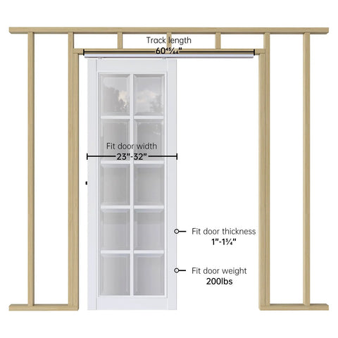 Five Point Three Foot Sliding Pocket Door Hardware Kit for 23-32 inch single doors, aluminum track system, door not included.