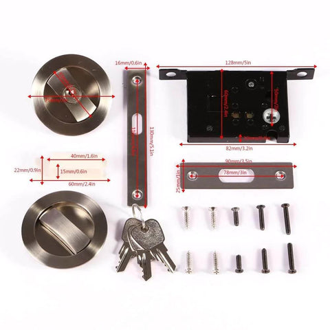 Invisible Barn Door Lock Set With Cup Handle And Keys In Silver Zinc Alloy Sleek Low Profile Pocket Door Hardware Brushed Nickel Finish Corrosion Resistant Chamfered Edge For Smooth Grab Fits 2.95 Inch Diameter Doors components displayed