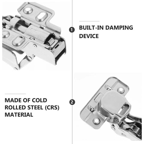 Two Pack 165 Degree Soft Close Cabinet Hinges With Concealed Metal Dampening For Kitchen Cabinets Wardrobes And Shoe Cabinets Finger Safe Durable Steel Hardware Semi Cover Overlay showing built-in damping device and cold rolled steel material.