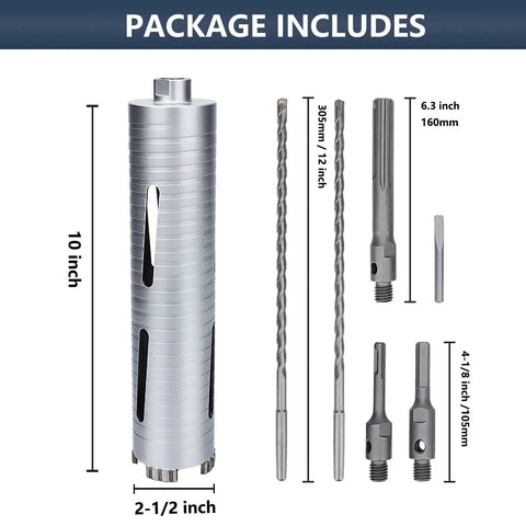 Two And A Half Inch Diamond Dry Core Drill Bit with Ten Inch Drilling Depth for Concrete Masonry Brick Block Five Eighth Inch Thread Includes SDS Plus, SDS Max, and Hex Adapters