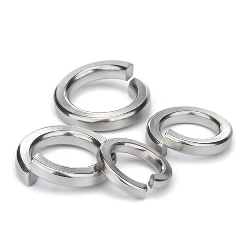 Stainless steel split lock washers, 1/2 in x 0.869 in OD; five shown.