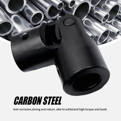 Beefy 12mm To 12mm Universal Joint Coupling for RC Cars and Robots in carbon steel, showcasing rotatable steering shaft connector close-up.