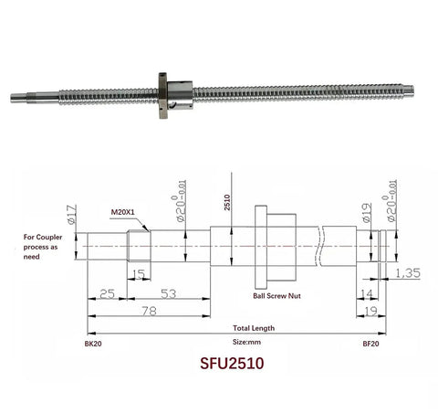 Diagram and photo of SFU2510 ball screw for 25mm Ball Screw Kit With 1450mm Linear Rail Set SFU2510 RM2510 Anti Backlash System