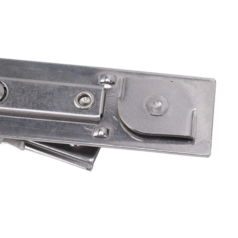 Close-up of stainless steel casement window hinge with friction-stay mechanism and mounting plate