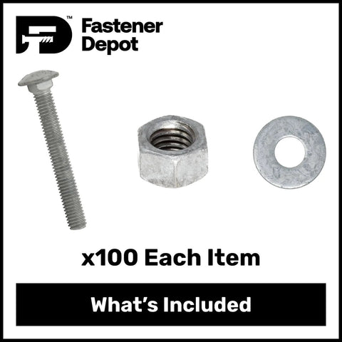 1/4-20 Inch Galvanized Carriage Bolt Kit For Exterior Use Grade A Coarse Full Thread 1-3/4 Inch Length 100 Pack With 100 USS Flat Washers And 100 Hex Nuts Heavy Duty Outdoor Ready Hot Dipped Galvanized Meets ASTM F2329 showing bolt, nut, and washer.