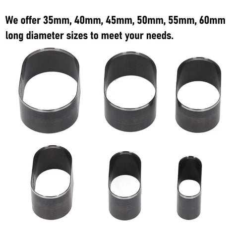 Pro Grade Leather Cutting Dies Set Six Pcs Oval Hole Hollow Punch Cutter Dies for DIY Leatherwork Gear, shown in six sizes 35-60mm.
