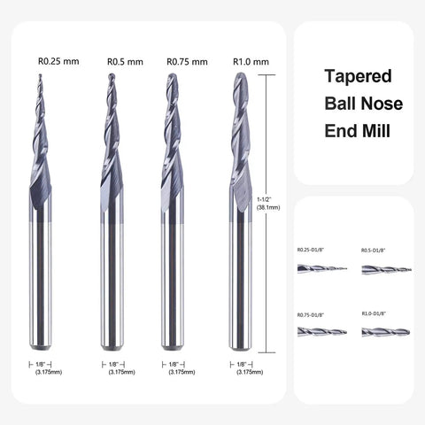 Assorted 4 Piece Ball Nose End Mill Set With Radii 0.25 0.5 0.75 And 1.0 Millimeters Tapered Cone Cutters One Eighth Inch Shank TiAIN Coated Carbide Bits For CNC Engraving And Carving SpeTool, showing four end mills with varied radii on white background.