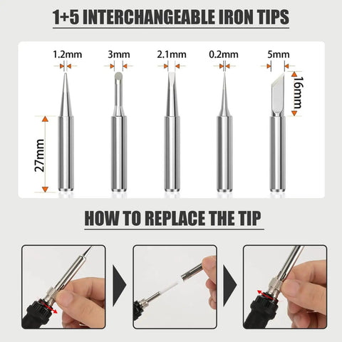 Five interchangeable tips for 60W Soldering Iron Kit With 5 Interchangeable Tips And 10 In 1 Adjustable Temperature Soldering Tool.