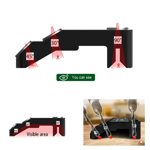 Side view of Drill Guide Jig with Two Torpedo Levels for 30, 45, and 90 Degree Holes in use with drills and visible angles.