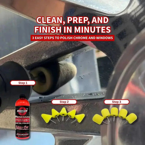 Pro Red Liquid Metal Polish Kit With One Eighth Inch Shanks For Foam Cones And Barrels Drill Attachment For Aluminum And Stainless Steel Wheels And Tight Spaces Great For A Fast Showroom Shine shown in use with drill on metal surface
