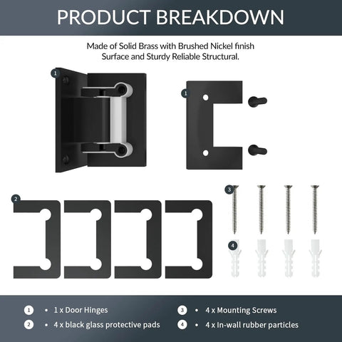 Product breakdown showing Heavy Duty 90 Degree Glass Shower Door Hinges in Solid Brass Black Finish Replacement Hardware with accessories.