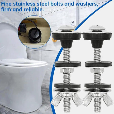 Stainless Steel Toilet Tank To Bowl Bolts Kit With Washers shown next to a toilet, highlighting leak-proof, rust-resistant features.