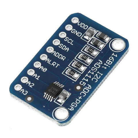 16-Bit I2C ADC Development Board For Microcontrollers, high-resolution analog to digital converter module with soldered pins, top view