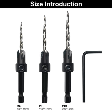 Three Piece Countersink Drill Bit Set For Woodworking And Carpentry With M2 HSS Tapered Bits And Four Flute Countersink Cutter
