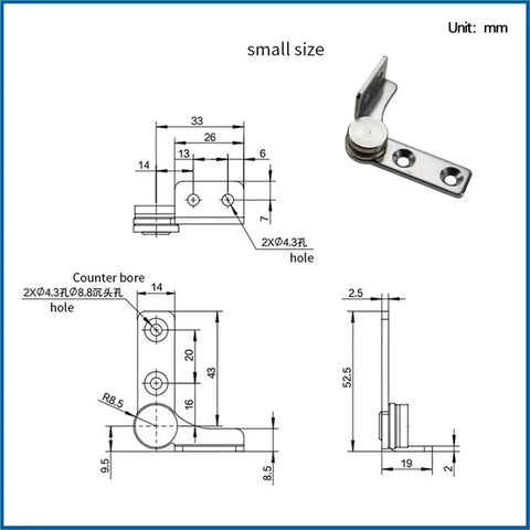 Stainless steel torque-damping positioning hinge with mounting plate; right-hand, 2.0 N·m, 1 pc.