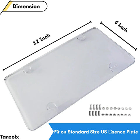 Two Pack Clear License Plate Covers Unbreakable Bubble Shield For US And Canada Cars Street Legal And Universal Fit With UV Protection Heavy Duty Protector Includes Screws, showing dimensions 6x12 inches with mounting screws.