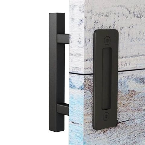 10 Inch Sliding Barn Door Pull Handle Set With Flush Hardware, Double Sided, Heavy Duty Square Design, Matte Black Finish