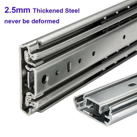 Close-up of Pair Of 60 Inch Heavy Duty Drawer Slides With Full Extension And 500 Lb Load Capacity, zinc plated steel.