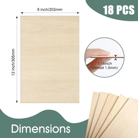 Dimensions of DIYers Favorite Basswood Sheets One Sixteenth Inch Thick 18 Pack Eight By Twelve Inch for crafts with close-up view.